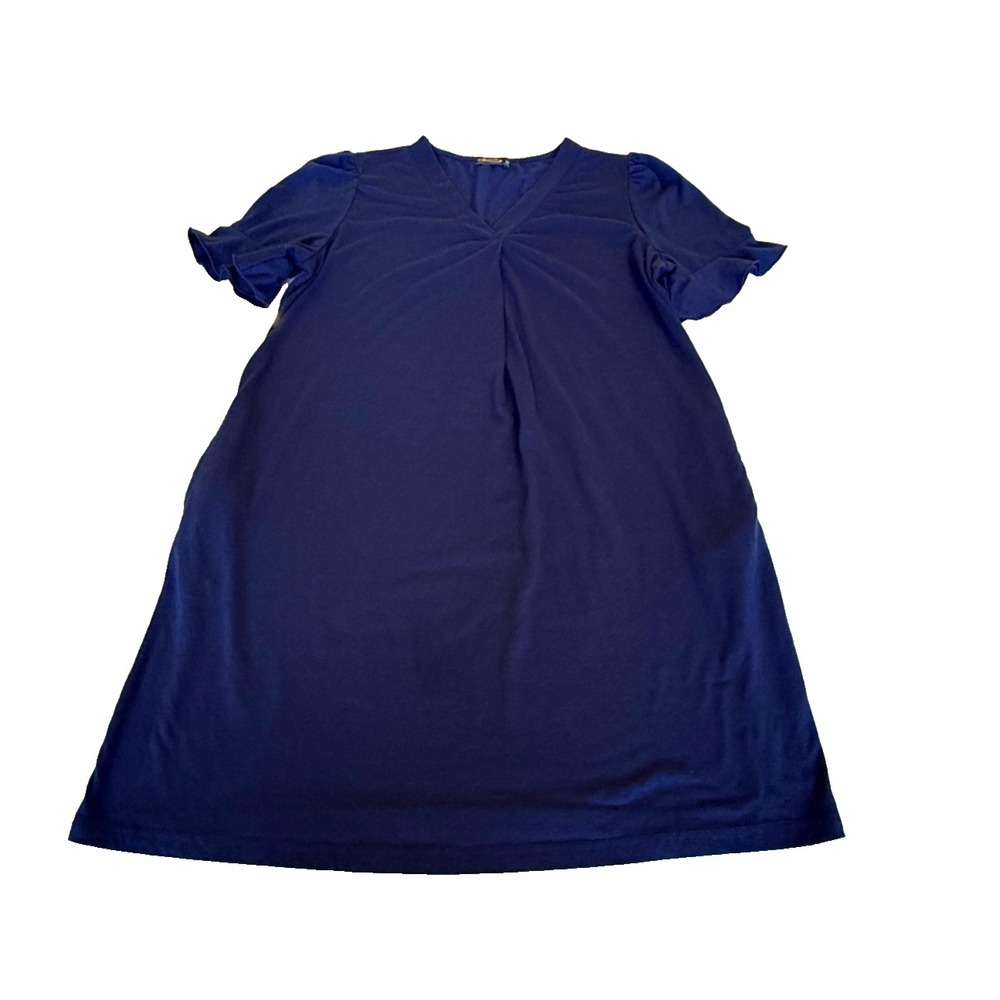 Ofeefan Women's Knit‎ V-neck Dress; Ruffled Sleeve; Navy Blue; Size Medium